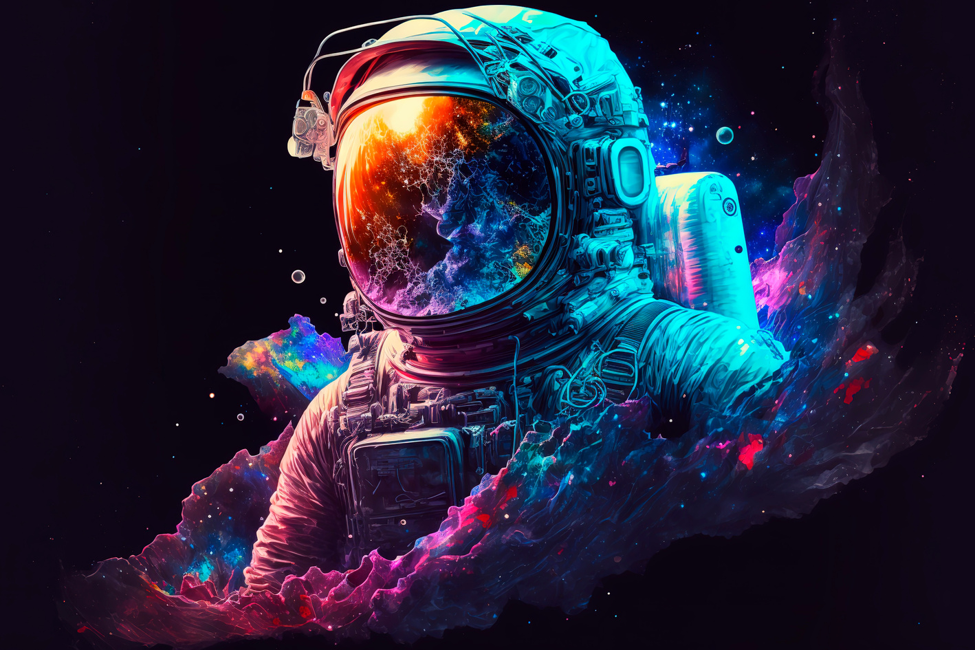 astronaut in galaxy, helmet reflecting, bright stars and galaxie